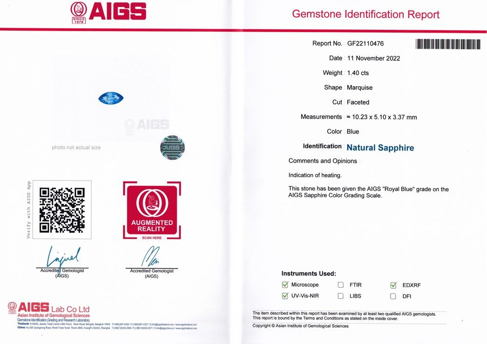Laboratory report for AIGS CERTIFICATE Incl.*1.40ct VS Marquise Natural Blue Sapphire Gemstone, Heated