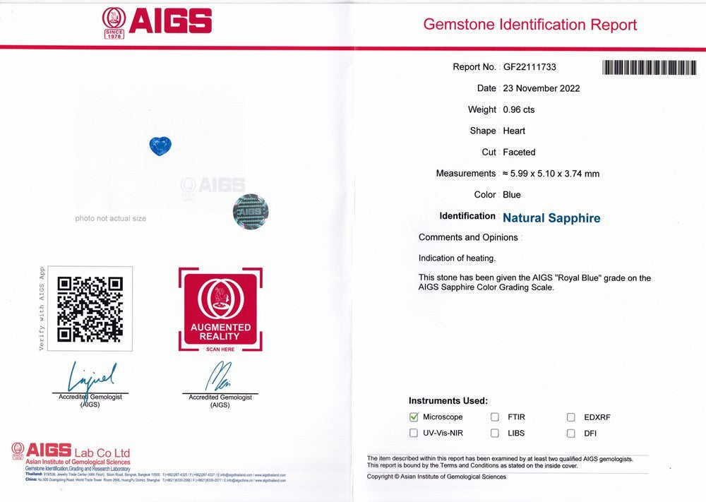 Laboratory report for AIGS CERTIFICATE Incl.* 0.96ct VVS Heart Natural Blue Sapphire Gemstone, Heated