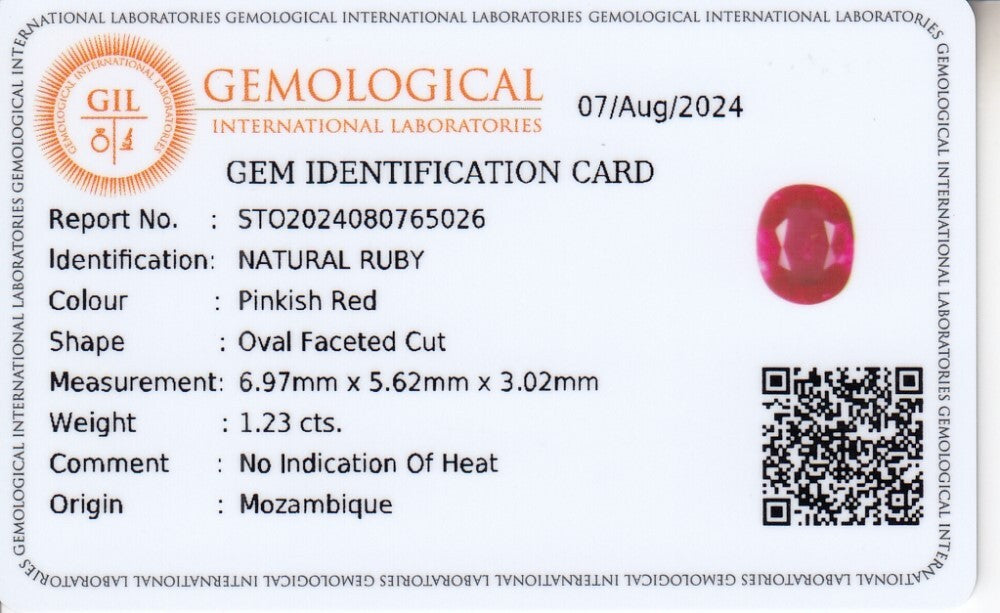 Laboratory report for CERTIFICATE Incl.* 1.23ct Oval Natural Unheated Pinkish Red Ruby, Mozambique