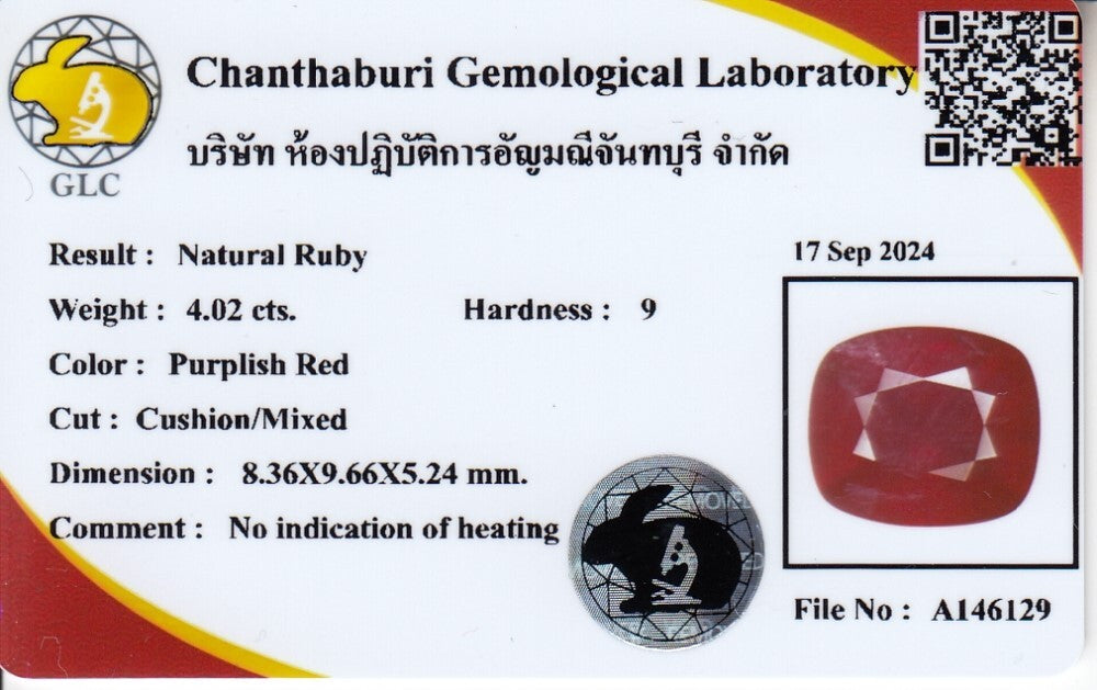 Laboratory report for CERTIFICATE Incl.* 4.02ct Cushion Natural Unheated Purplish Red Ruby, Gemstone
