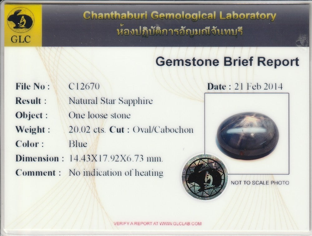 Laboratory report for GLC Report 20.02ct Oval Natural Blue 6 Ray Star Sapphire - Unheated Gemstone
