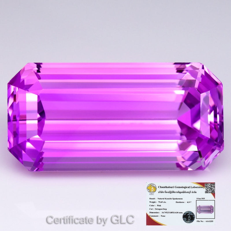 GLC CERTIFIED Gorgeous 79.69ct IF Natural Neon Electric Pink Kunzite Collector
