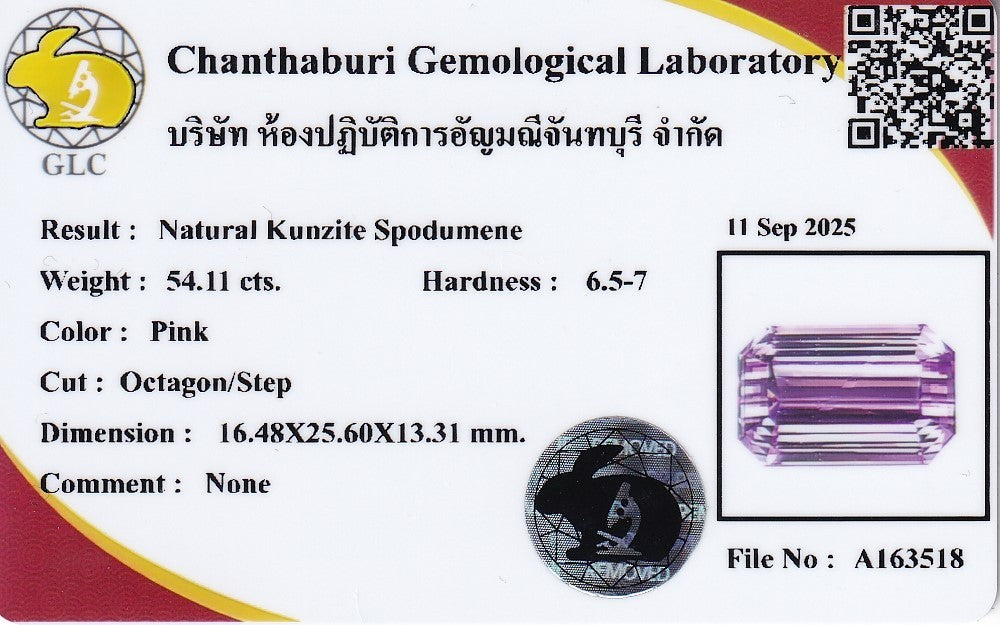 Laboratory report for GLC CERTIFIED Large! 54.11ct VVS Octagon Natural Royal Pink Kunzite Gemstone