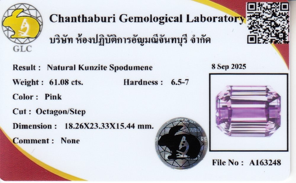 Laboratory report for GLC CERTIFIED Massive! 61.08ct IF Octagon Natural Pink Kunzite - Perfect Gem