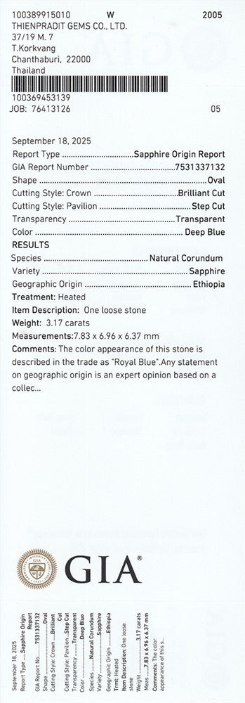 Laboratory report for GIA CERTIFICATE Rare 3.17ct IF Oval Natural Deep Royal Blue Sapphire Heated