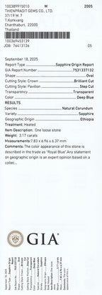 Laboratory report for GIA CERTIFICATE Rare 3.17ct IF Oval Natural Deep Royal Blue Sapphire Heated