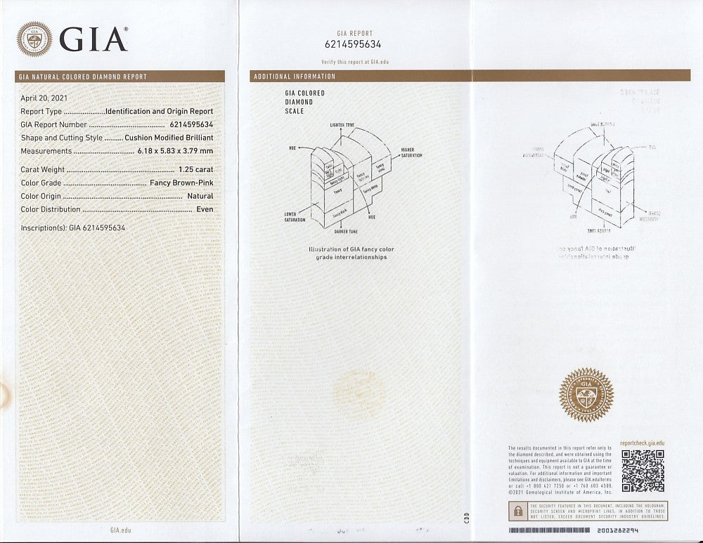 Laboratory report for GIA CERTIFIED 1.25ct Cushion Natural Untreated Fancy Brown Pink Diamond I2