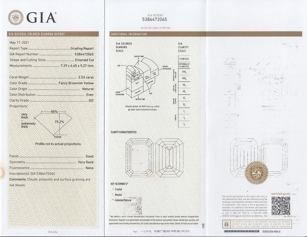 Laboratory report for GIA FULL CERTIFIED 2.53ct Natural Untreated Fancy Brownish Yellow Diamond SI2