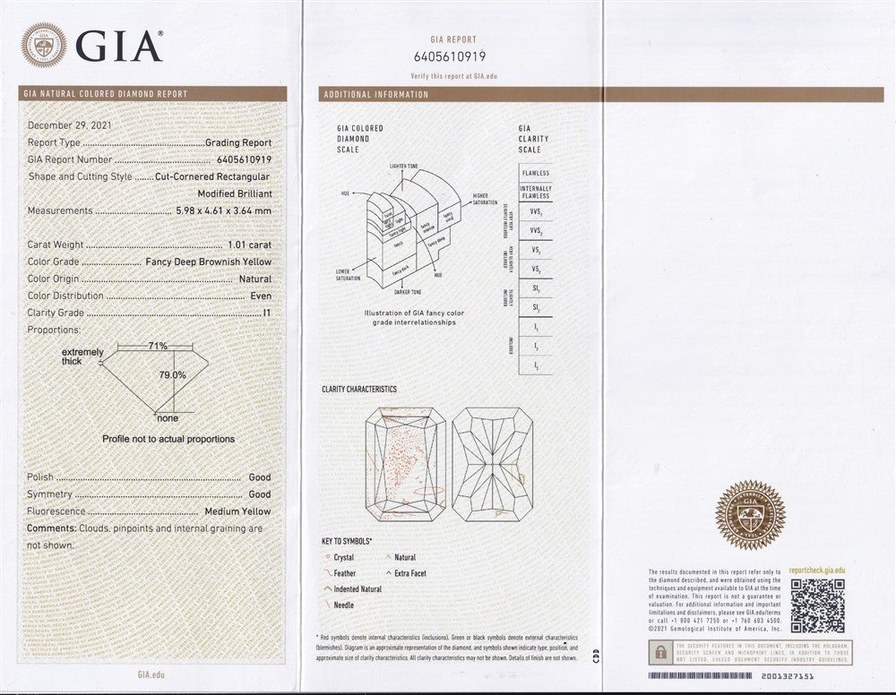 Laboratory report for GIA Report 1.01ct Natural Untreated Fancy Deep Brownish Yellow Diamond I1