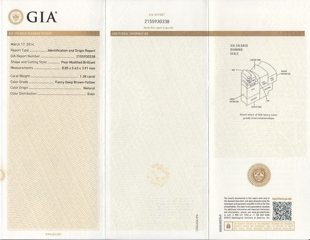 Laboratory report for GIA Report 1.38ct Pear Natural Untreated Fancy Deep Brown Yellow Diamond SI2