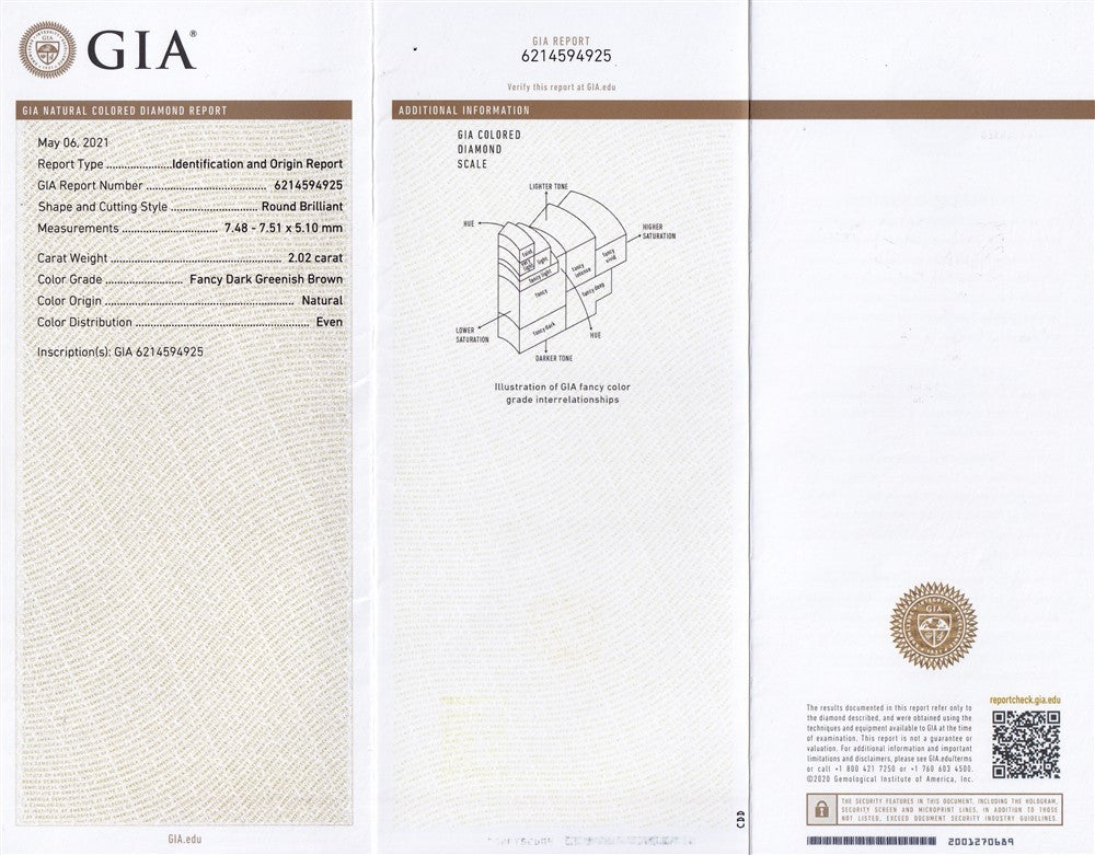 Laboratory report for GIA Report 2.02ct Natural Untreated Fancy Dark Greenish Brown Diamond SI1