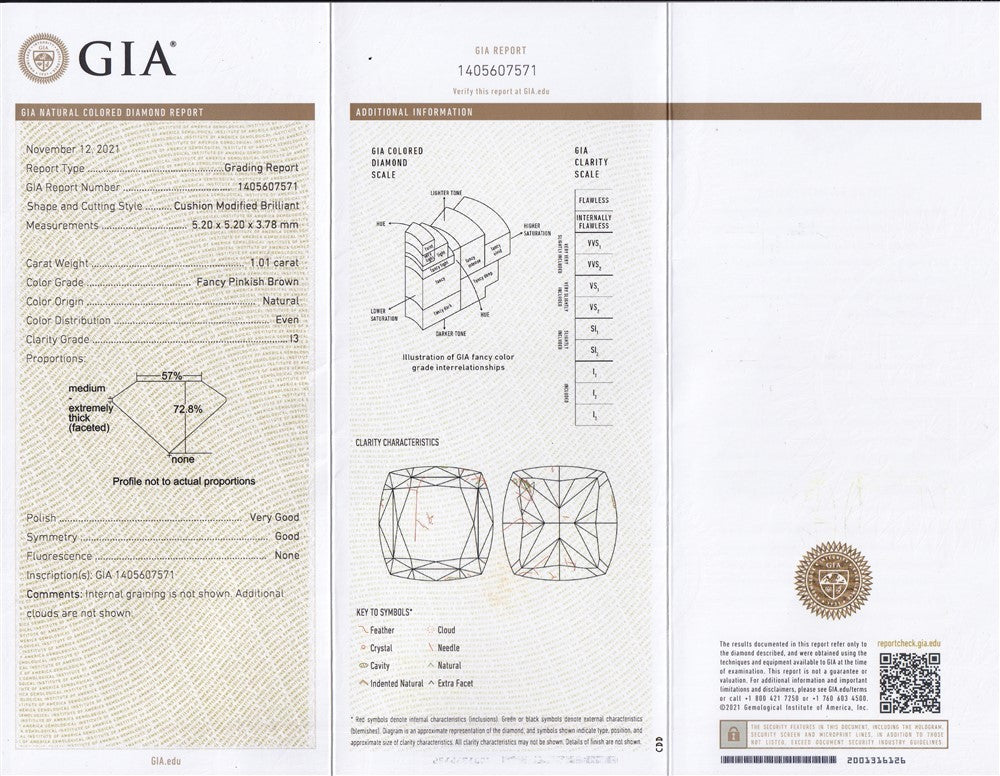 Laboratory report for GIA FULL CERTIFIED 1.01ct Natural Untreated Fancy Pinkish Brown Diamond I3