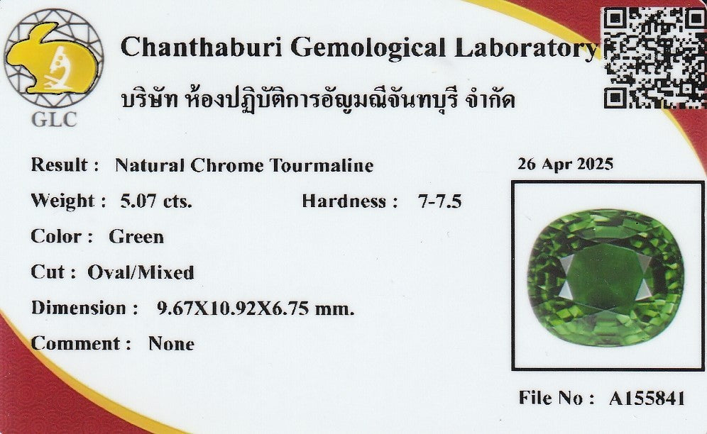 Laboratory report for GLC CERTIFIED 5.07ct VVS Natural Chrome Tourmaline - Unheated, Mozambique Gem
