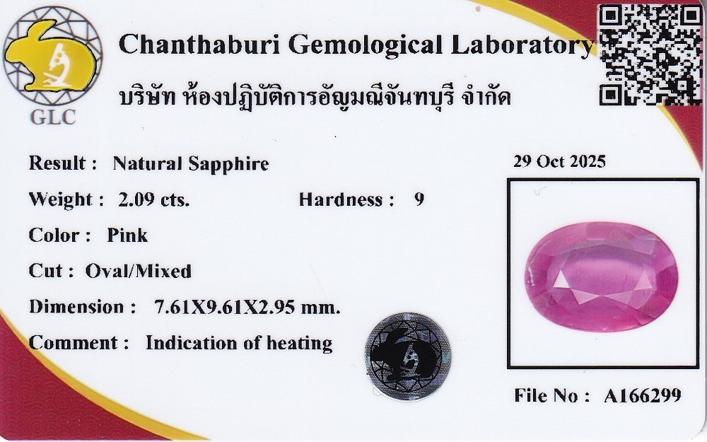 Laboratory report for GLC CERTIFIED 2.09ct Oval Natural Pink Sapphire - Heated, Mozambique Gemstone