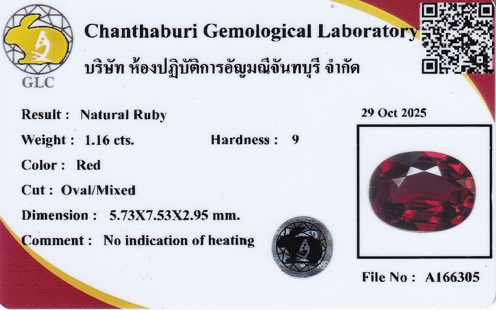 Laboratory report for GLC CERTIFIED 1.16ct VS Oval Natural Red Ruby - Unheated, Mozambique Gemstone