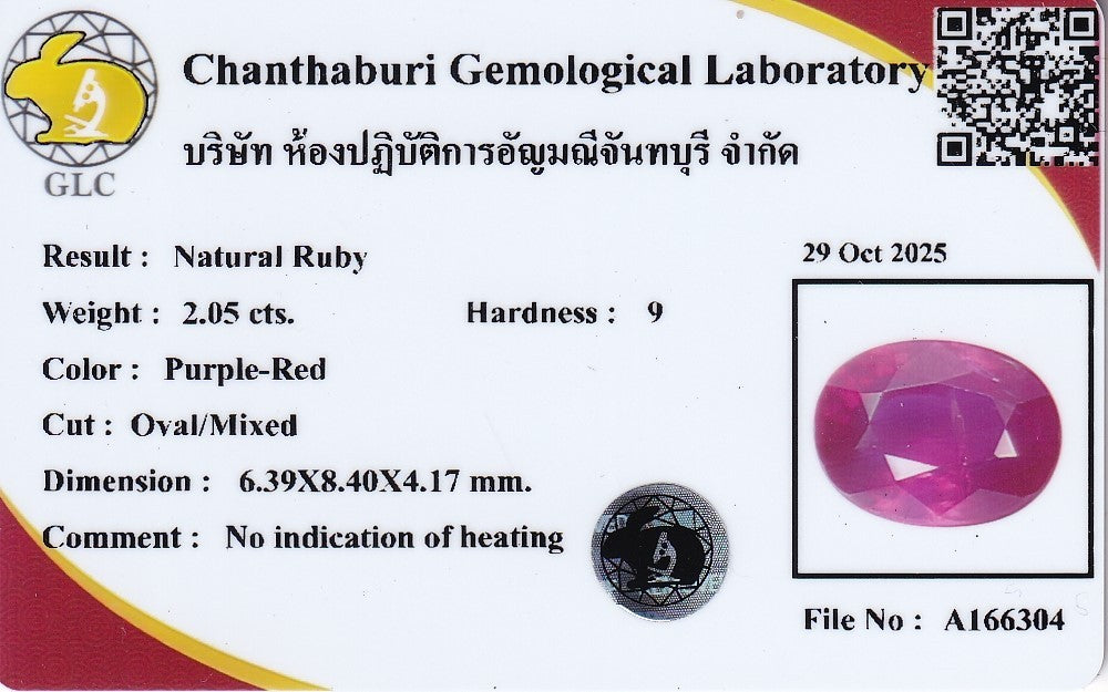 Laboratory report for GLC CERTIFIED 2.05ct Oval Natural Purple Red Ruby - Unheated, Mozambique Gem