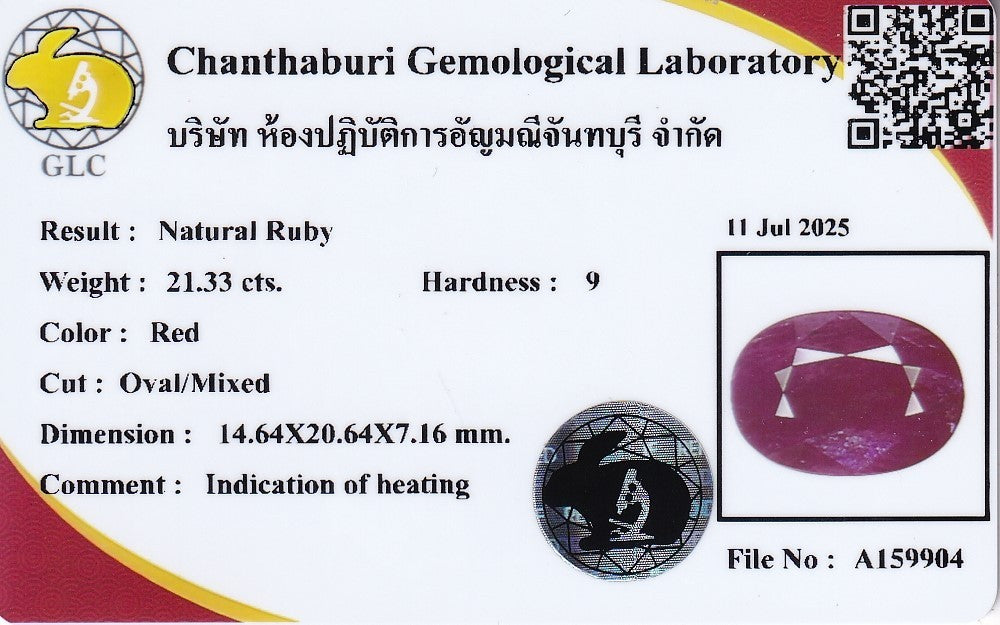 Laboratory report for GLC CERTIFIED Big! 21.33ct Oval Natural Red Ruby - Heated, Mozambique Gemstone