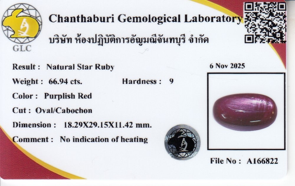 Laboratory report for GLC CERTIFIED 66.94ct Oval Natural 6 Ray Star Ruby - Unheated, Mozambique Gem