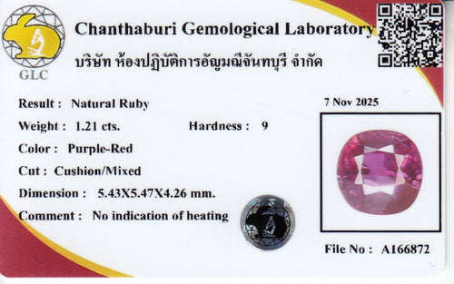 Laboratory report for GLC CERTIFIED 1.21ct VS Cushion Natural Purple Red Ruby - Unheated, Gemstone