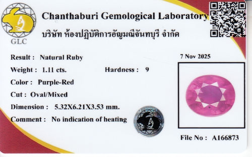 Laboratory report for GLC CERTIFIED 1.11ct VS Oval Natural Purple Red Ruby - Unheated Mozambique Gem