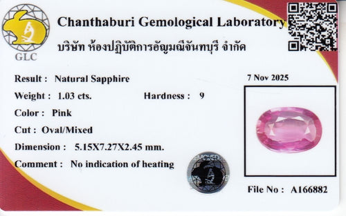 Laboratory report for GLC CERTIFIED 1.03ct VVS Oval Natural Pink Sapphire - Unheated Mozambique Gem