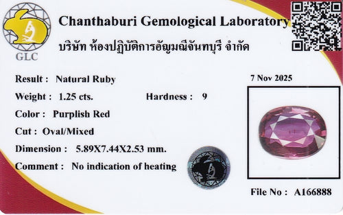 Laboratory report for GLC CERTIFIED 1.25ct VVS Natural Purplish Red Ruby - Unheated, Mozambique Gem