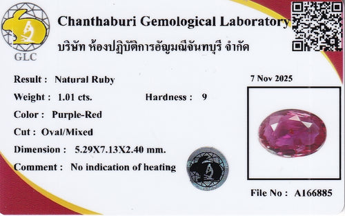 Laboratory report for GLC CERTIFIED 1.01ct VS Oval Natural Purple Red Ruby - Unheated Mozambique Gem