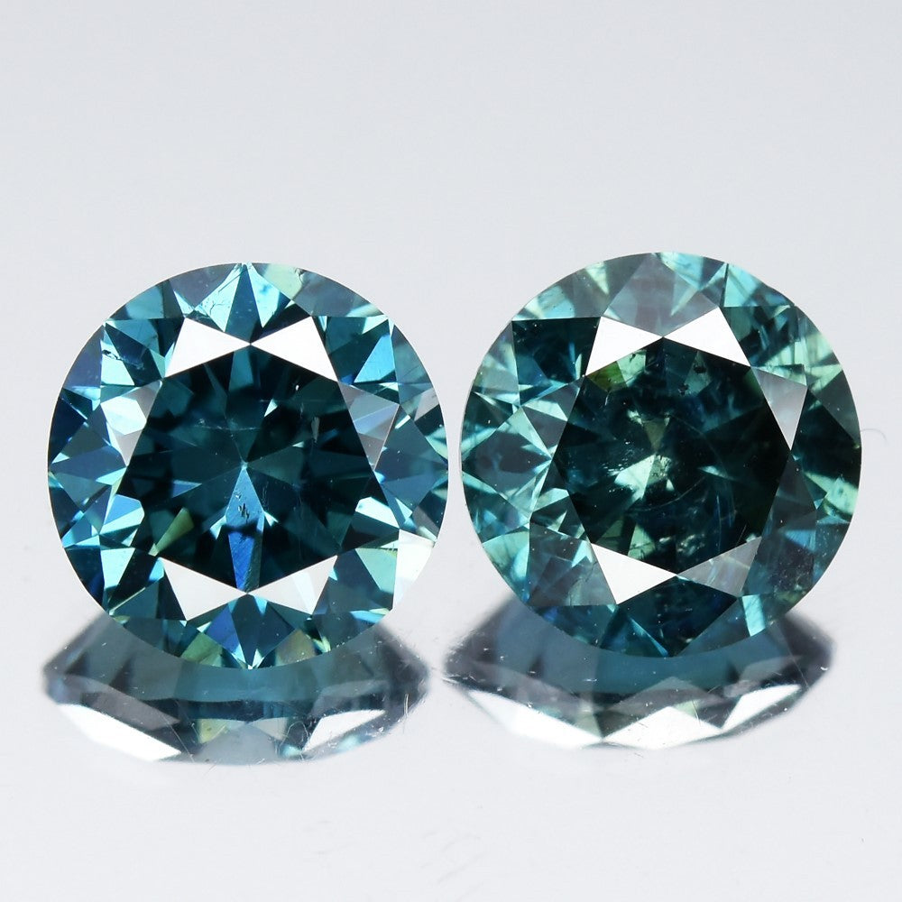 Pair 2p/2.08ct Round Brilliant Natural Treated Fancy Bluish Green Diamond SI1