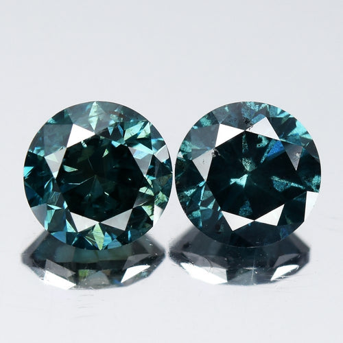 Pair 2p/1.98ct Round Brilliant Natural Treated Fancy Bluish Green Diamond SI1