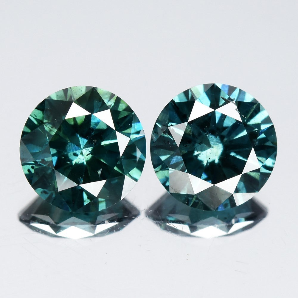 Pair 2p/2.09ct Round Brilliant Natural Treated Fancy Bluish Green Diamond SI1