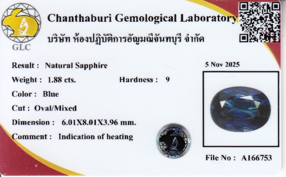 Laboratory report for GLC CERTIFIED 1.88ct VS Oval Natural Blue Sapphire - Heated, Africa Gemstone