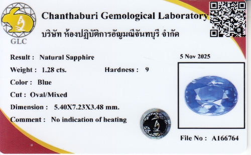 Laboratory report for GLC CERTIFIED 1.28ct VVS Oval Natural Blue Sapphire - Unheated, Africa Gem