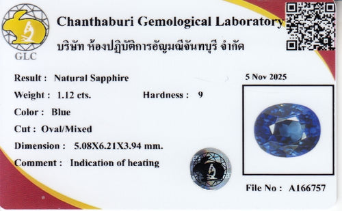 Laboratory report for GLC CERTIFIED 1.12ct VVS Oval Natural Blue Sapphire - Heated, Africa Gemstone