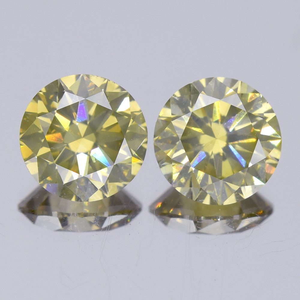 Pair 2p/2.05ct Round Brilliant Natural Untreated Fancy Greenish Yellow Diamond