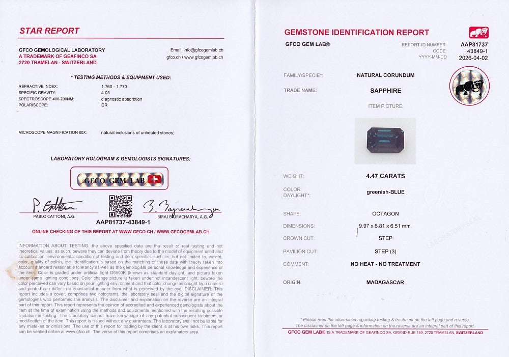 Laboratory report for GFCO CERTIFIED 4.47ct VVS Natural Greenish Blue Sapphire - Unheated, Gemstone