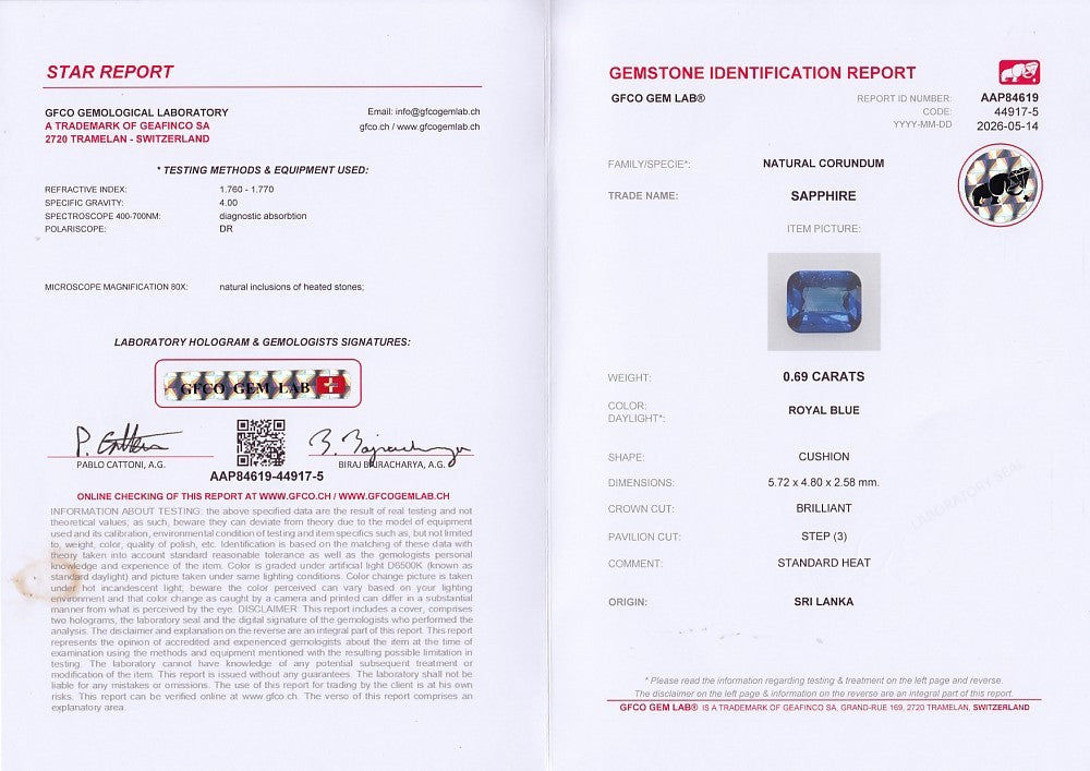 Laboratory report for GFCO FULL CERTIFIED 0.69ct IF Cushion Natural Royal Blue Sapphire - Heated Gem