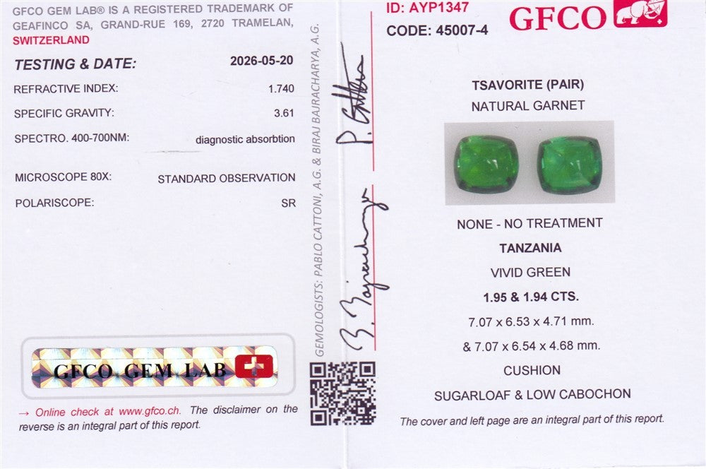 Laboratory report for GFCO CERTIFIED Pair 2pcs/3.89ct Cushion Natural Vivid Green Tsavorite Garnet