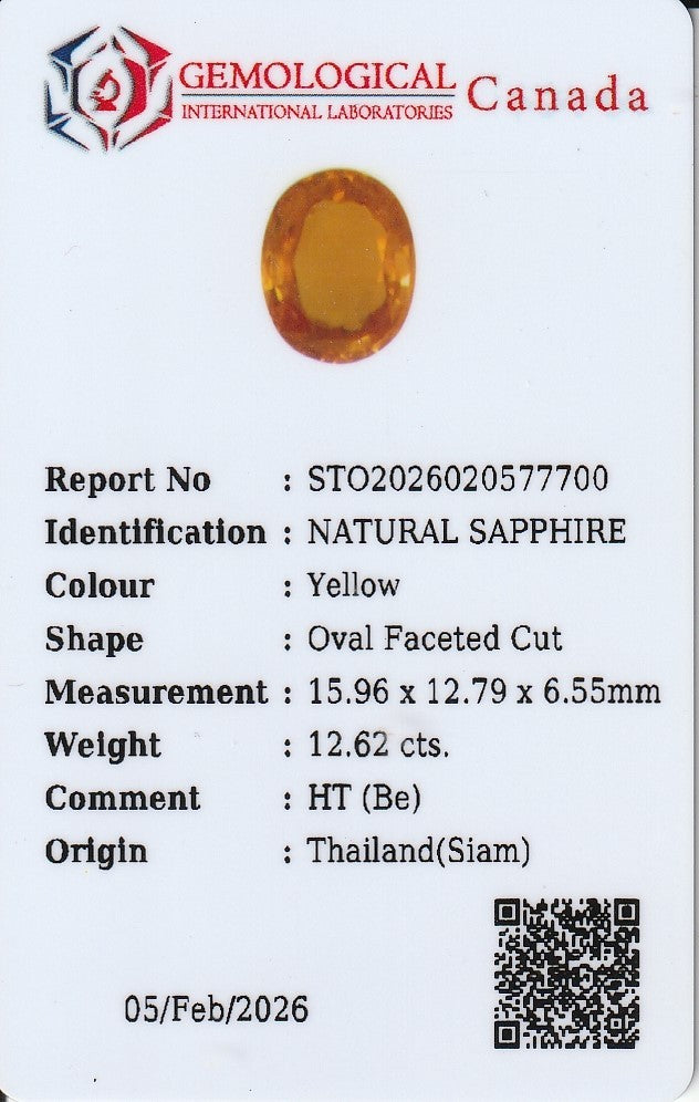 Laboratory report for Certified GIL Certified Big!12.62ct IF Oval Natural Yellow Sapphire - Thailand Gemstone