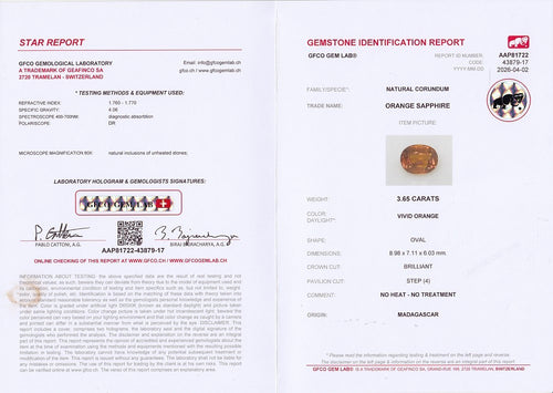 Laboratory report for GFCO CERTIFIED Unheated 3.65ct Oval Natural Vivid Orange Sapphire - Madagascar