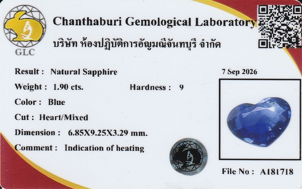 Laboratory report for GLC CERTIFIED 1.90ct Heart Natural Blue Sapphire - Heated, Africa Gemstone