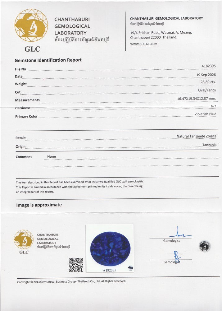 GLC Certified Full Report 28.89ct IF Natural Violetish Blue Tanzanite Zoisite - Big Size — view 6