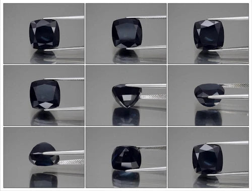Black cushion-shaped VVS 13.52ct natural blue sapphire with a smooth edge, shown in nine different holding positions.
