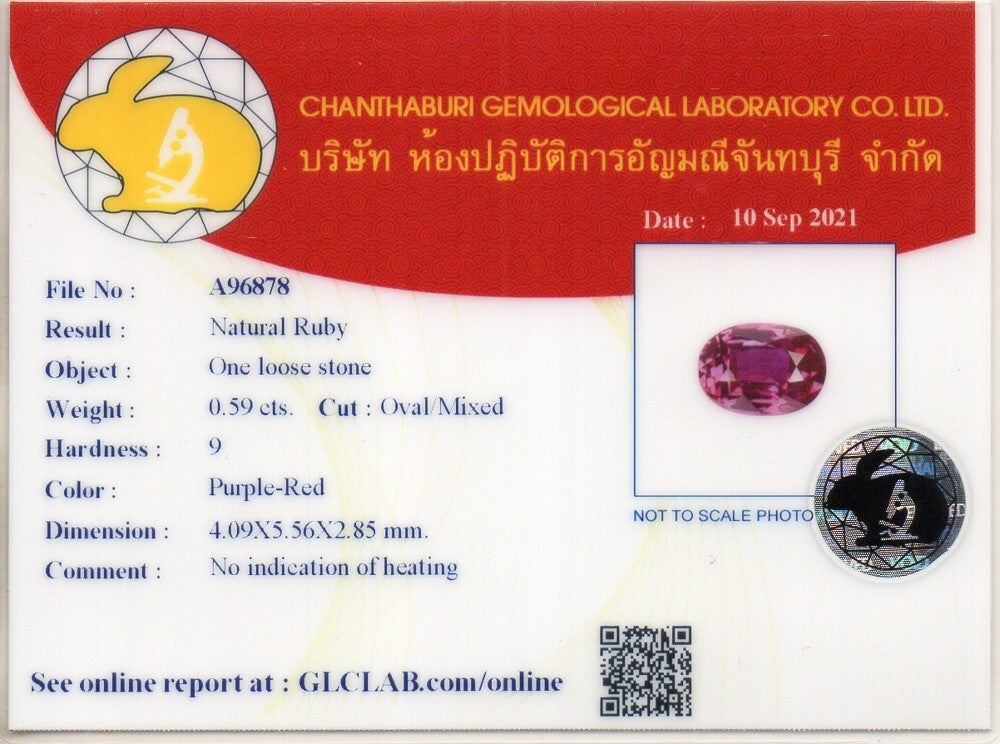 Laboratory report for CERTIFICATE Incl.* 0.59ct VS Oval Natural Unheated Purple-Red Ruby, Mozambique