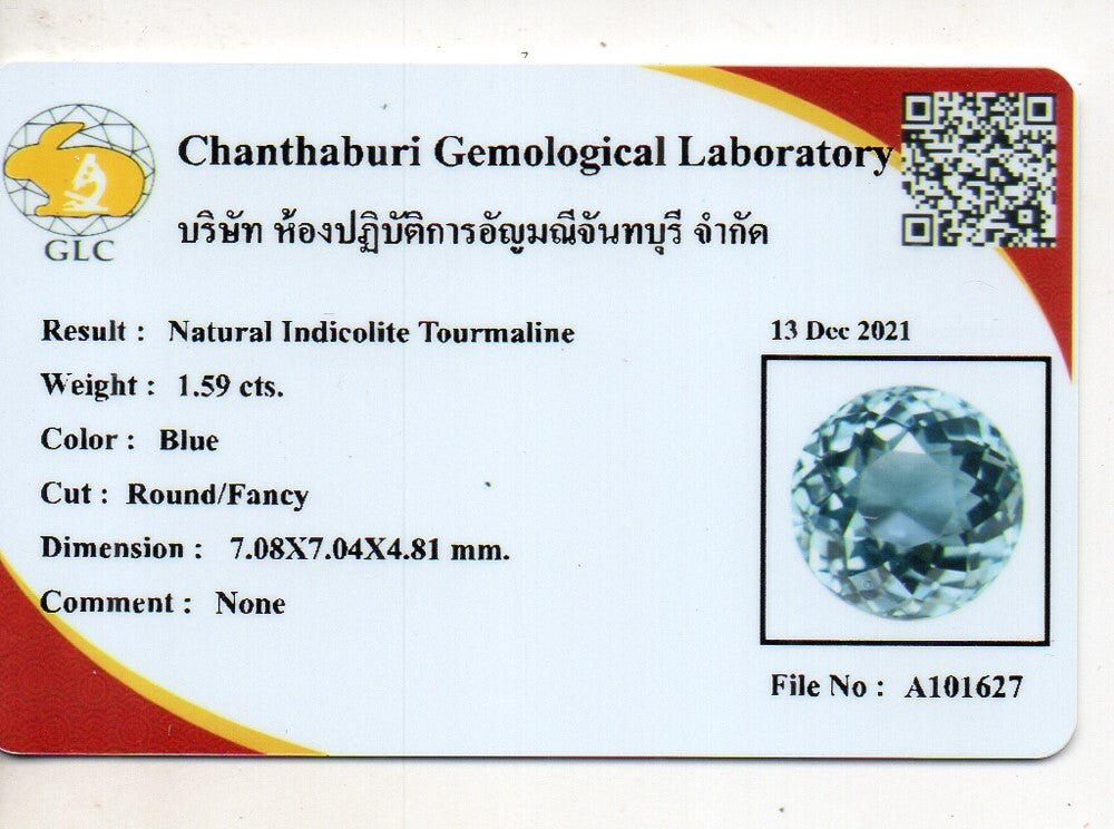 Laboratory report for CERTIFICATE Incl.*Super IF Clean 1.59ct Round Natural Blue Indicolite Tourmaline
