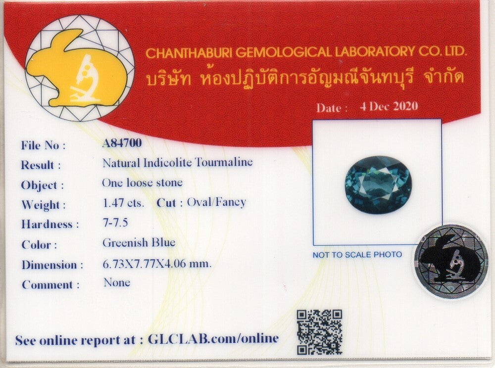 Laboratory report for CERTIFICATE Incl.*1.47ct IF Oval Natural Greenish Blue Indicolite Tourmaline