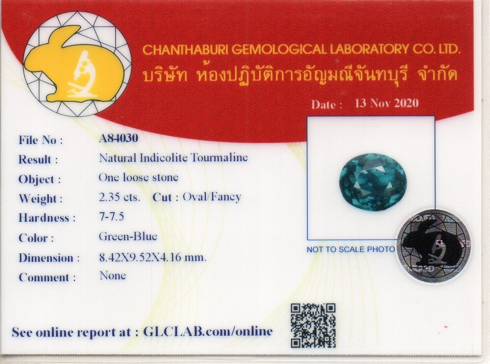 Laboratory report for CERTIFICATE Incl.*2.35ct VVS Oval Natural Green Blue Indicolite Tourmaline