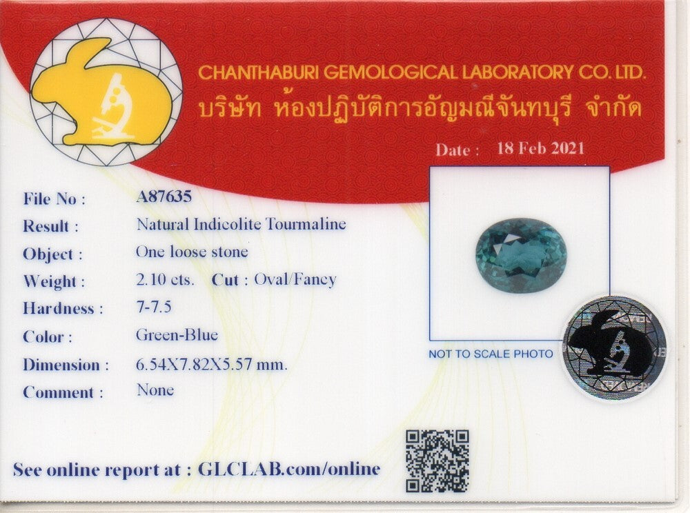 Laboratory report for CERTIFICATE Incl.*2.10ct IF Clean Oval Natural Green Blue Indicolite Tourmaline