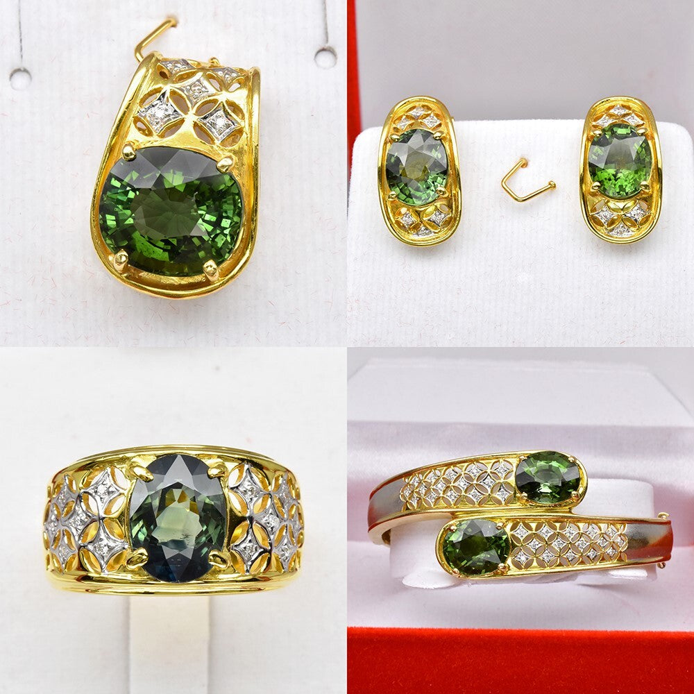 Tourmaline Sapphire Diamond Set in 22K YELLOW GOLD 28.90ct t.w & 0.73ct t.w Dia