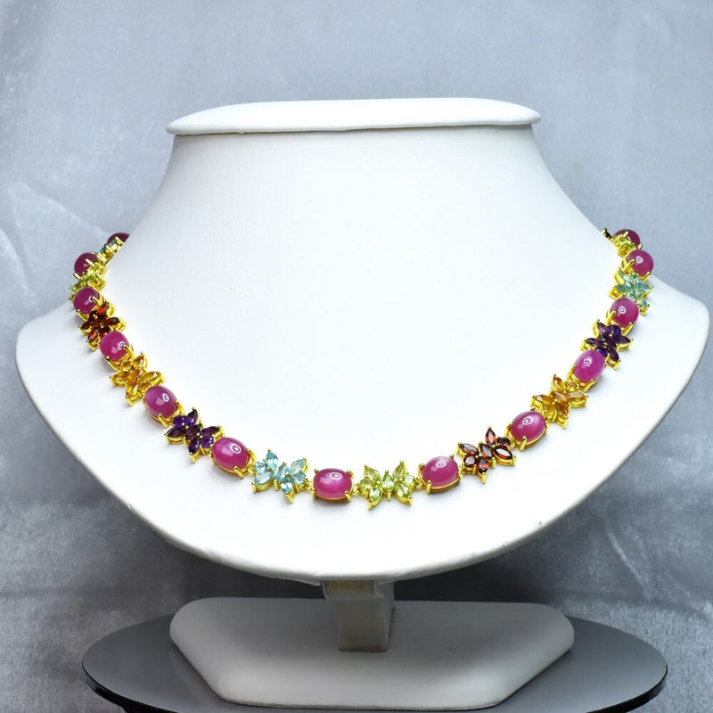 Natural Gemstone Necklace &amp; Earring in 925 Sterling Silver (Gold Plated)