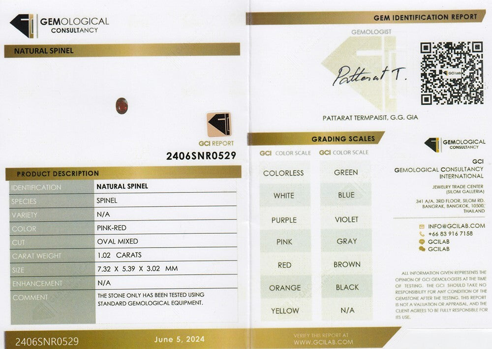 Laboratory report for GCI CERTIFICATE Incl.* 1.02ct VVS Oval Natural Pink-Red Spinel Gemstone, Myanmar